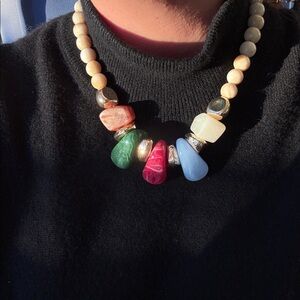 Spanish artist -Cream Beaded Necklace with Colorful Charms